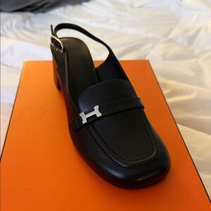 Hermes Black Slingback Loafers with Silver Accent
